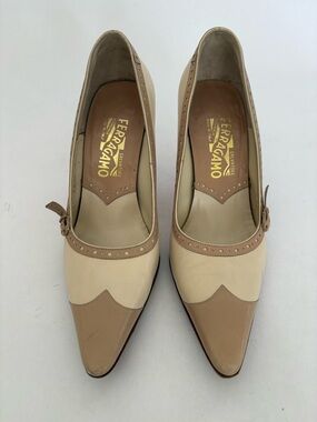 Salvatore Ferragamo Beige and Tan Leather Pointed-Toe Pumps